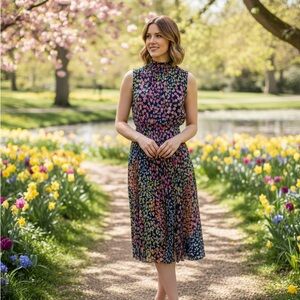 Nanette Lepore Navy Ditsy Floral Pleated Dress 6